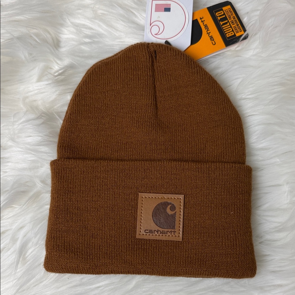 Carhartt Brown Ribbed Cuffed Beanie with Logo Patch